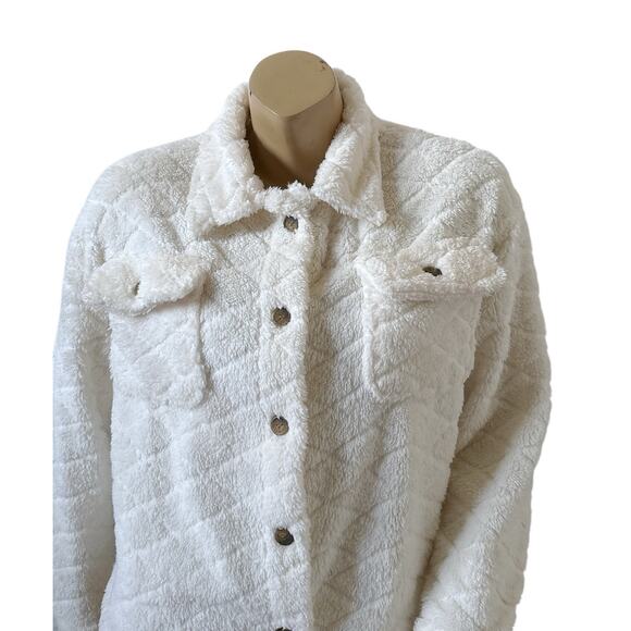 LOVE TREE Womens Size Medium Off White Fleece Snap Front Collared Cropped Jacket - Picture 5 of 8